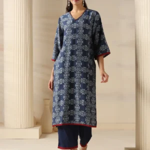 Women Muslin Navy Blue Abstract Print Kurta Comfort Pant Dupatta