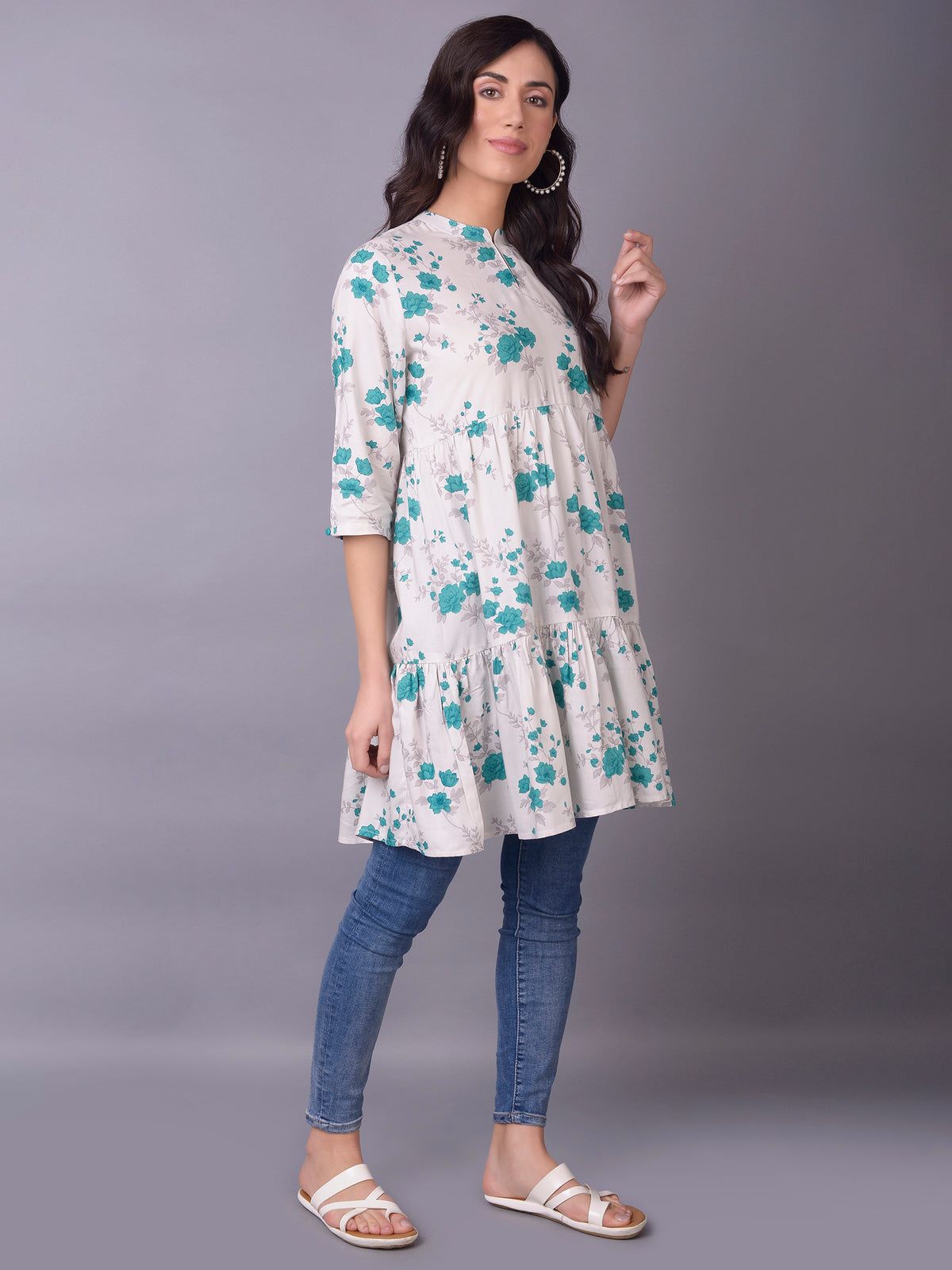Women Teal Floral Printed Kurti