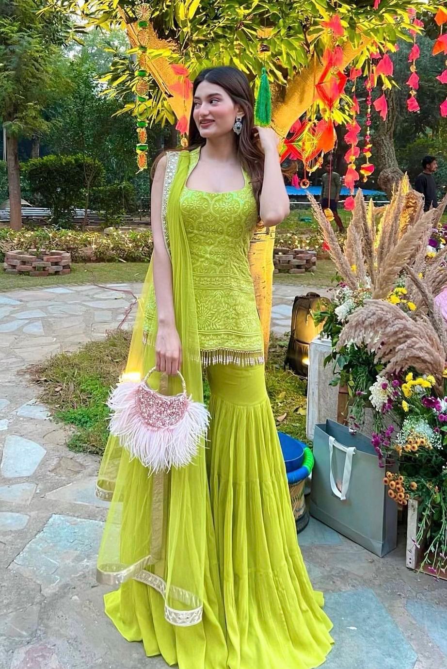 Naira Lime Embroidered Sharara Set